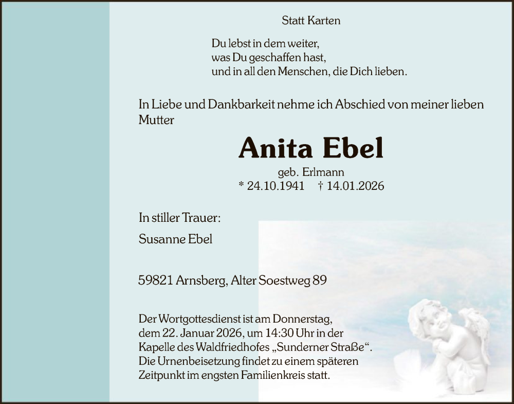  Traueranzeige für Anita Ebel vom 17.01.2026 aus HASK