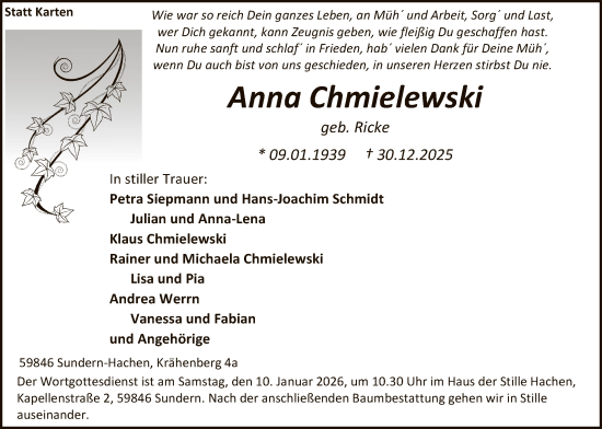 Traueranzeige von Anna Chmielewski von HASK