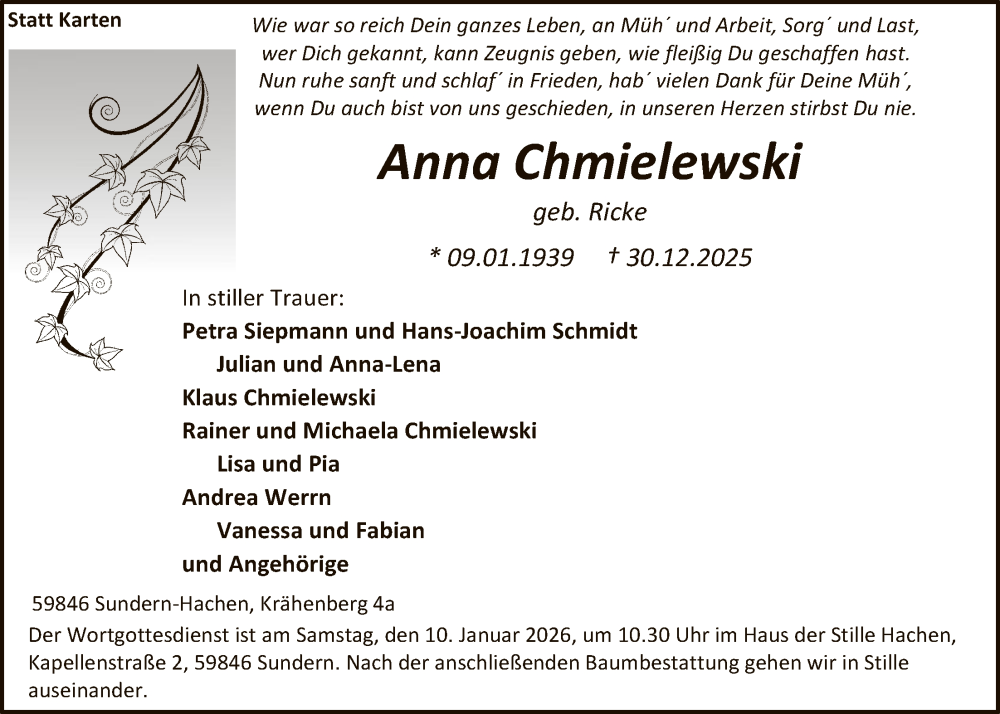  Traueranzeige für Anna Chmielewski vom 03.01.2026 aus HASK