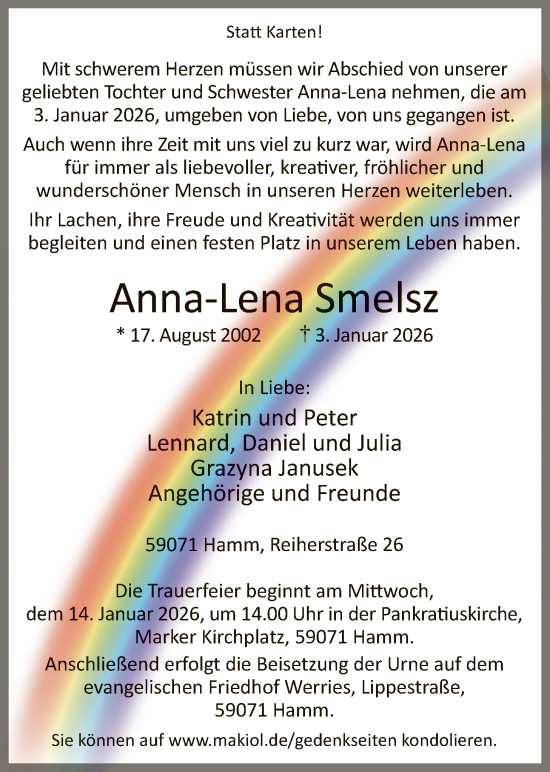 Traueranzeige von Anna-Lena Smelsz von HAWA
