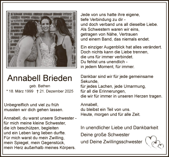 Traueranzeige von Annabell Brieden von HASK