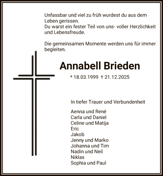 Traueranzeige von Annabell Brieden von HASK