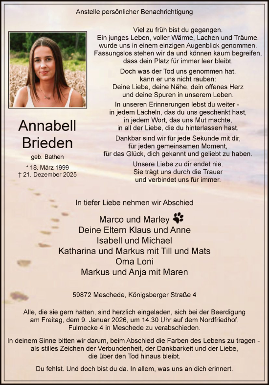 Traueranzeige von Annabell Brieden von HASK