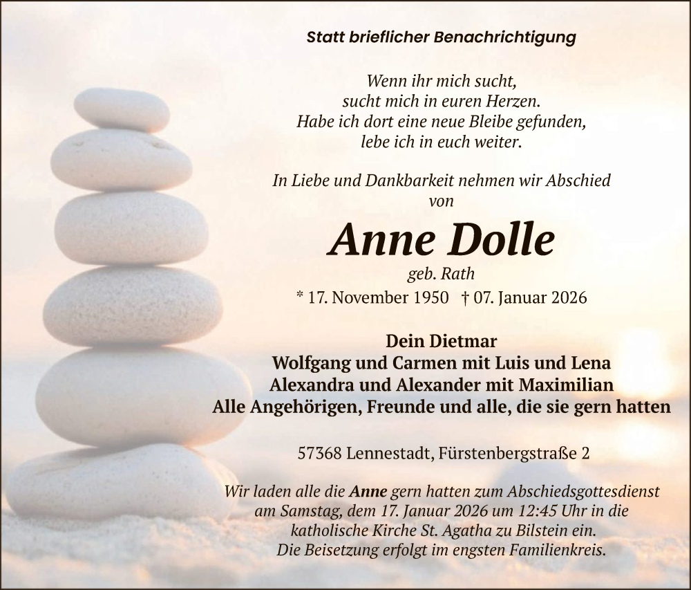  Traueranzeige für Anne Dolle vom 17.01.2026 aus HASK