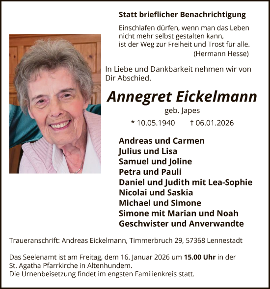 Traueranzeige von Annegret Eickelmann von HASK