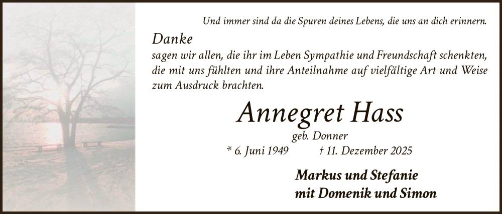  Traueranzeige für Annegret Hass vom 17.01.2026 aus HAWA