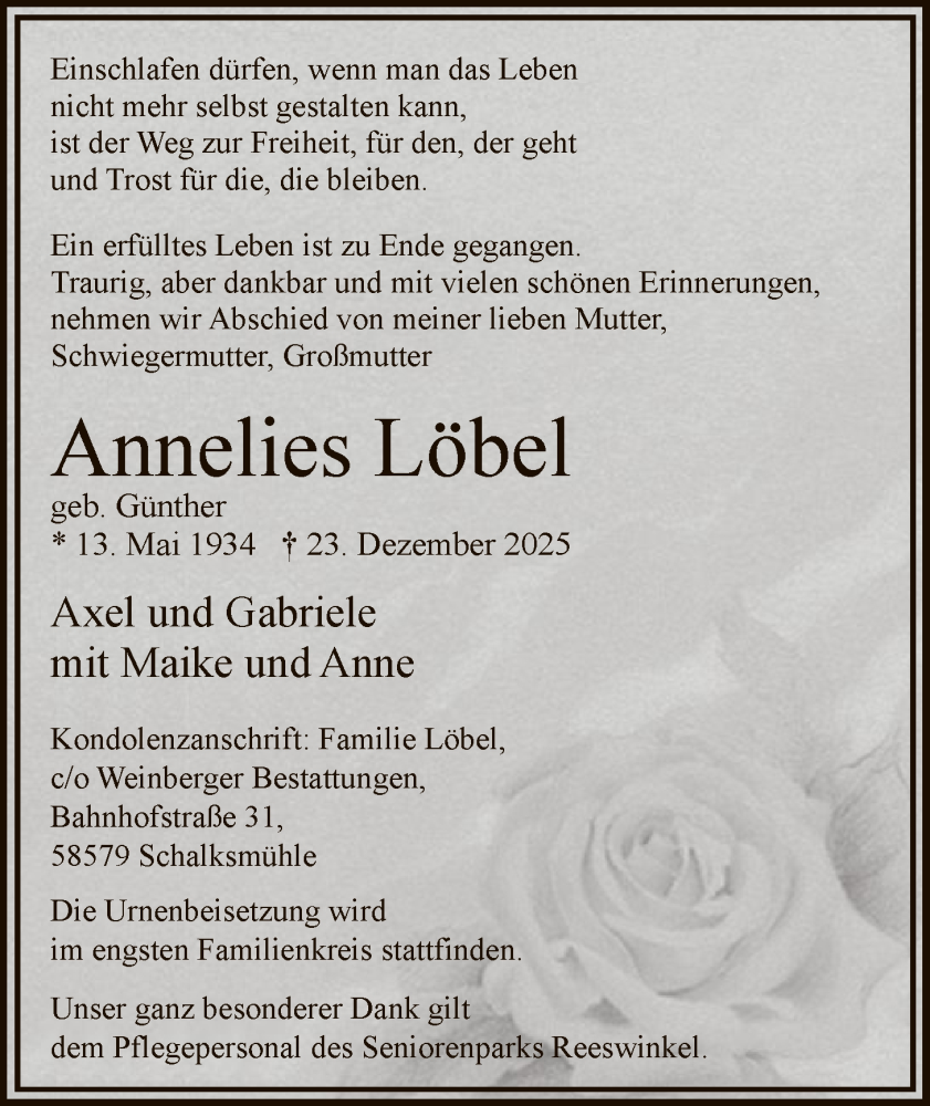  Traueranzeige für Annelies Löbel vom 10.01.2026 aus HALN