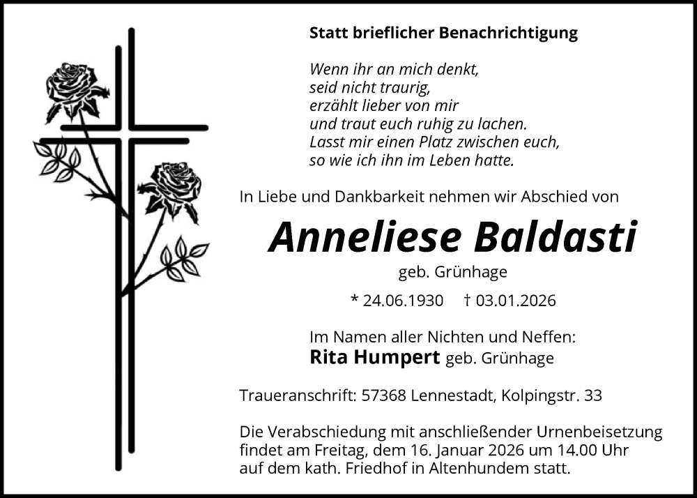  Traueranzeige für Anneliese Baldasti vom 10.01.2026 aus HASK