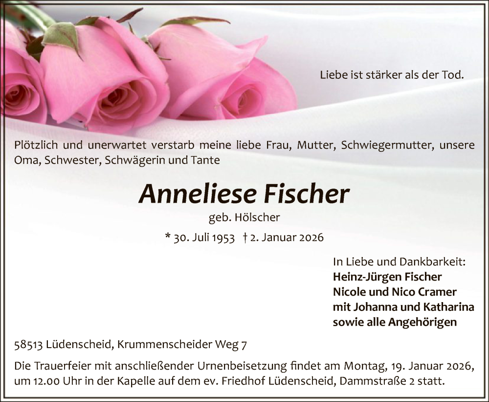  Traueranzeige für Anneliese Fischer vom 10.01.2026 aus HALN