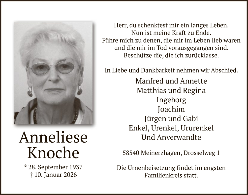  Traueranzeige für Anneliese Knoche vom 17.01.2026 aus HALN