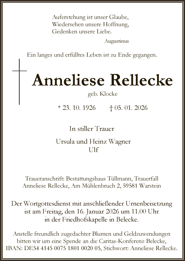  Traueranzeige für Anneliese Rellecke vom 10.01.2026 aus HASO