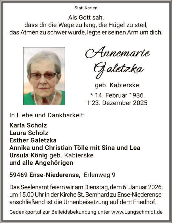 Traueranzeige von Annemarie Galetzka von HASK