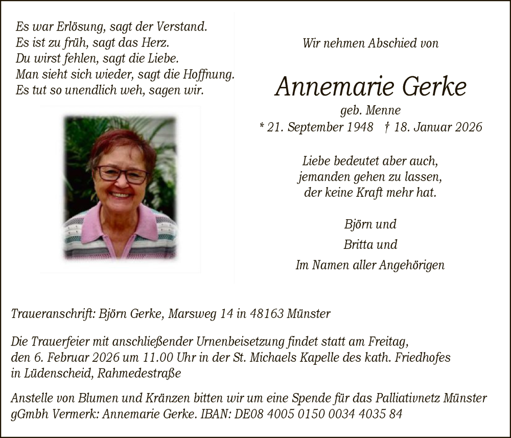  Traueranzeige für Annemarie Gerke vom 31.01.2026 aus HALN
