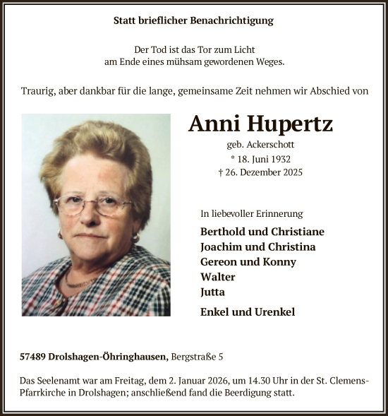 Traueranzeige von Anni Hupertz von HASK