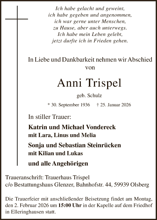 Traueranzeige von Anni Trispel von HASK