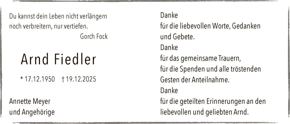  Traueranzeige für Arnd Fiedler vom 24.01.2026 aus HALN