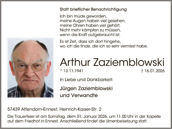 Traueranzeige von Arthur Zaziemblowski von HASK