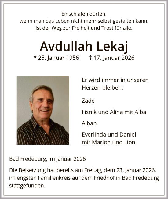 Traueranzeige von Avdullah Lekaj von HASK