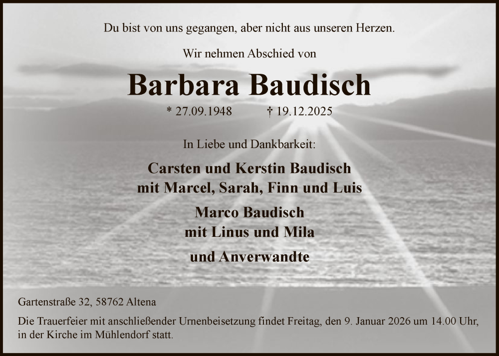  Traueranzeige für Barbara Baudisch vom 03.01.2026 aus HALN