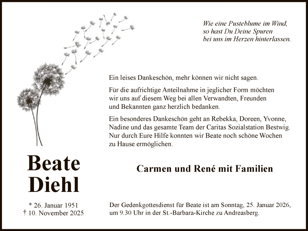  Traueranzeige für Beate Diehl vom 17.01.2026 aus HASK