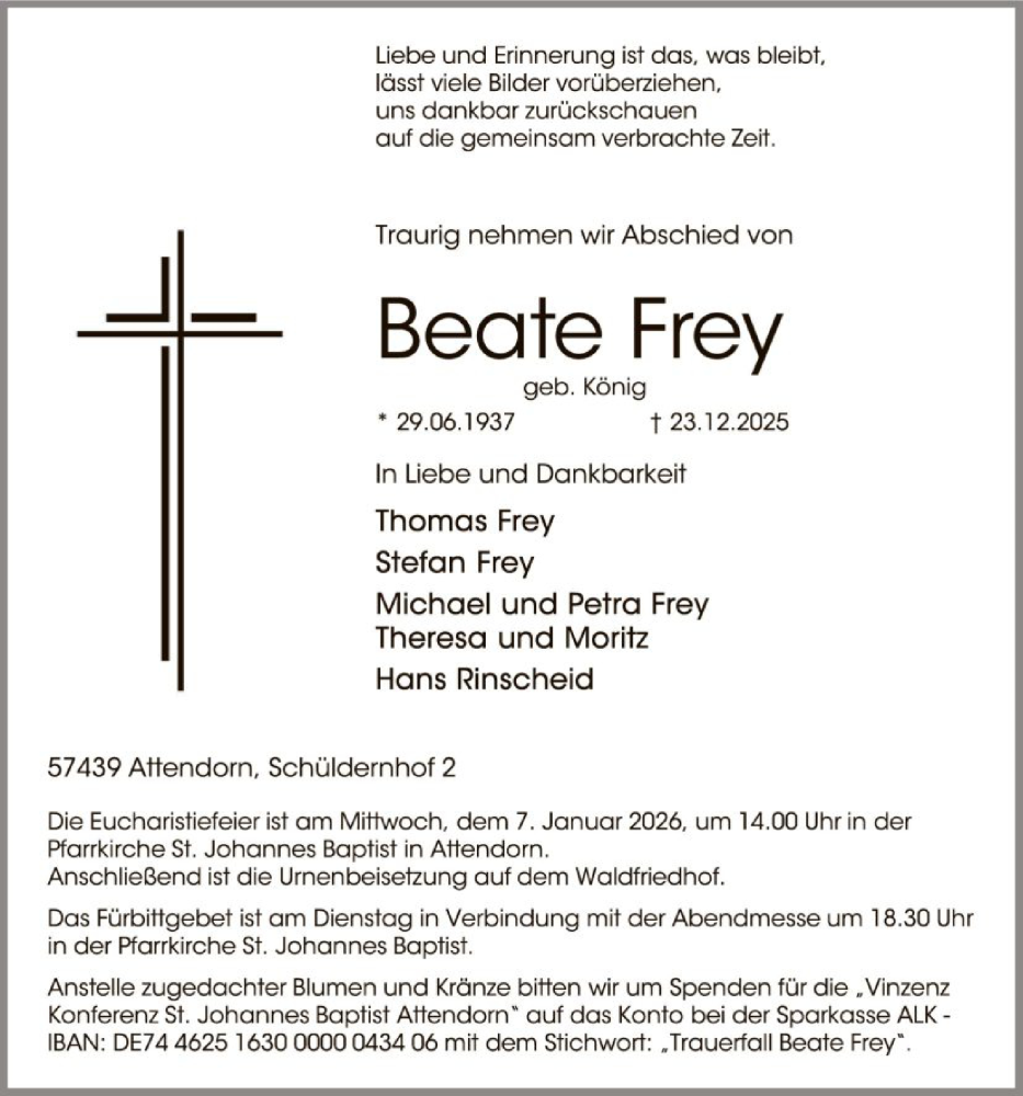  Traueranzeige für Beate Frey vom 03.01.2026 aus HASK
