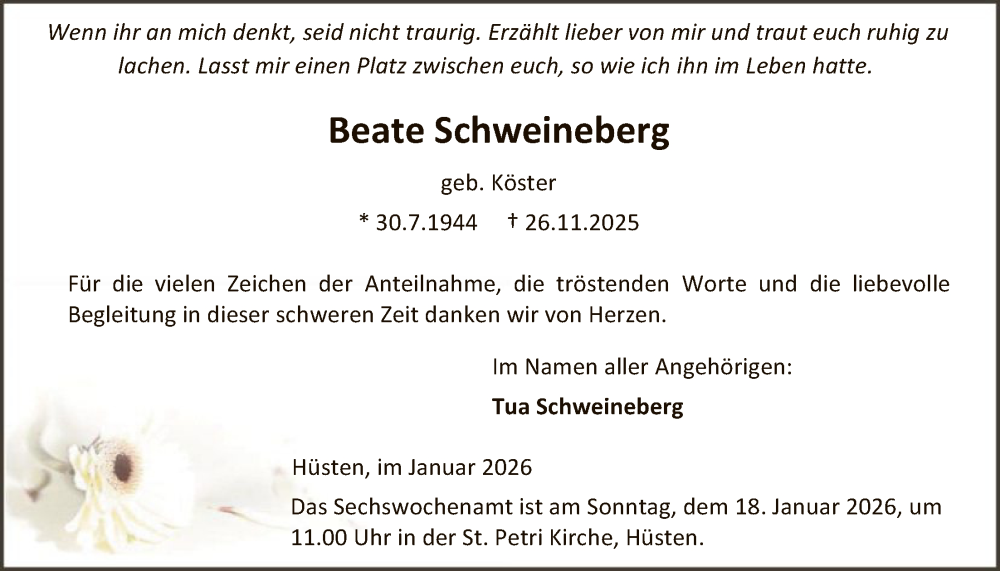  Traueranzeige für Beate Schweineberg vom 10.01.2026 aus HASK