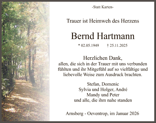 Traueranzeige von Bernd Hartmann von HASK