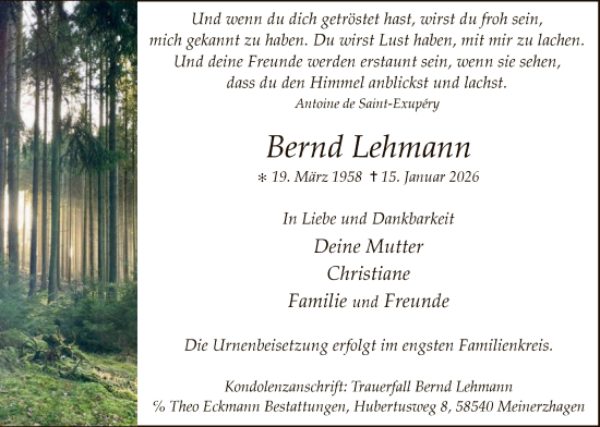 Traueranzeige von Bernd Lehmann von HALN