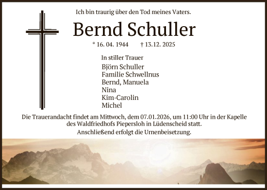 Traueranzeige von Bernd Schuller von HALN