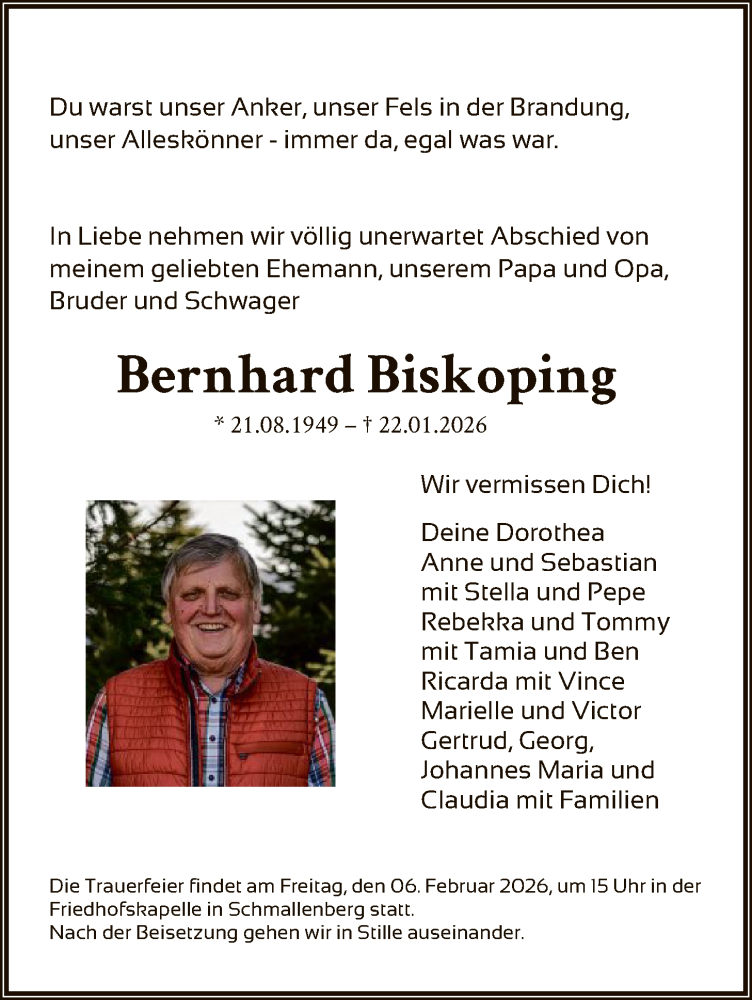  Traueranzeige für Bernhard Biskoping vom 31.01.2026 aus HASK