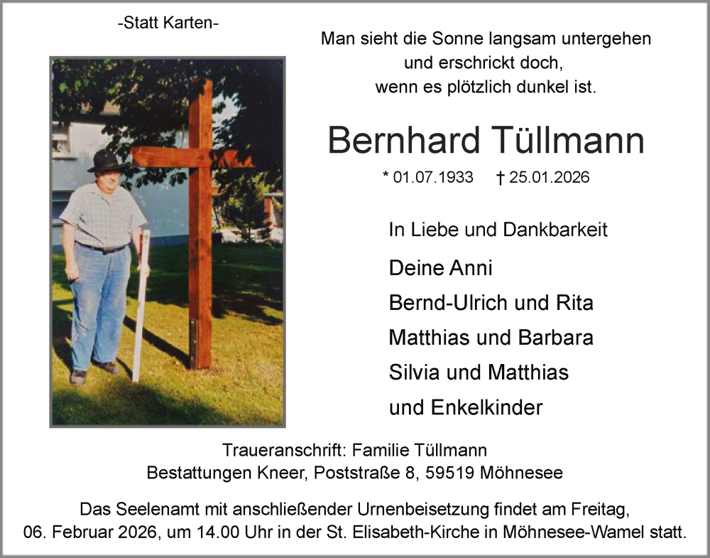  Traueranzeige für Bernhard Tüllmann vom 29.01.2026 aus HASO
