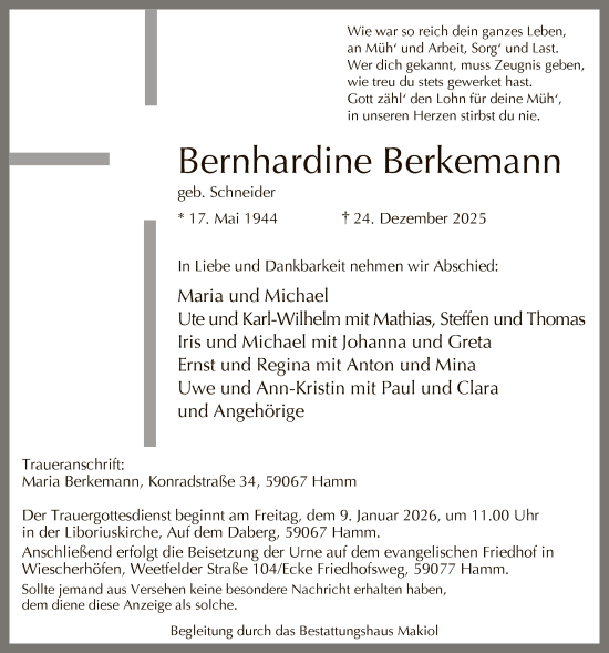 Traueranzeige von Bernhardine Berkemann von HAWA