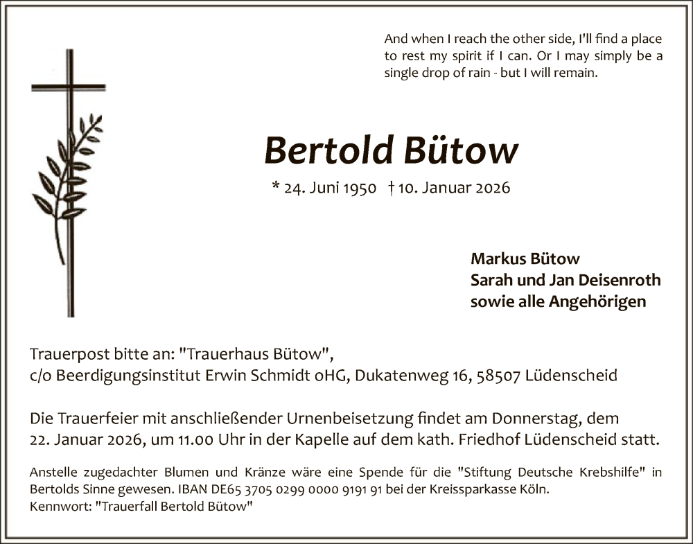  Traueranzeige für Bertold Bütow vom 17.01.2026 aus HALN