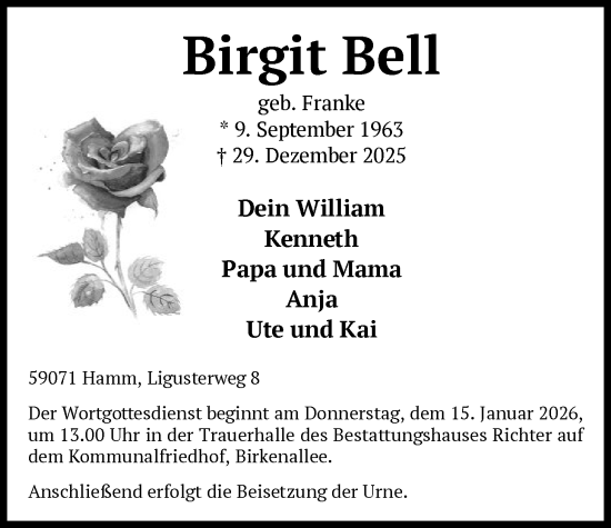 Traueranzeige von Birgit Bell von HAWA