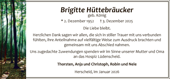 Traueranzeige von Brigitte Hüttebräucker von HALN
