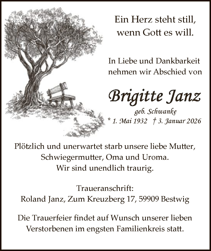  Traueranzeige für Brigitte Janz vom 31.01.2026 aus HASK