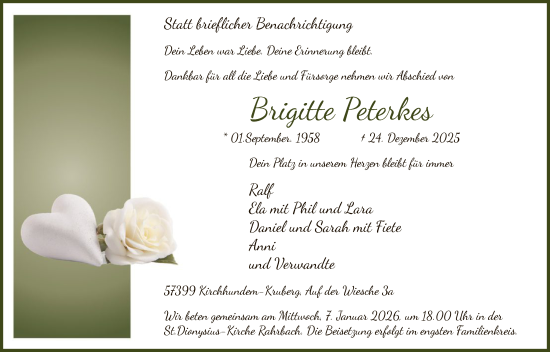 Traueranzeige von Brigitte Peterkes von HASK