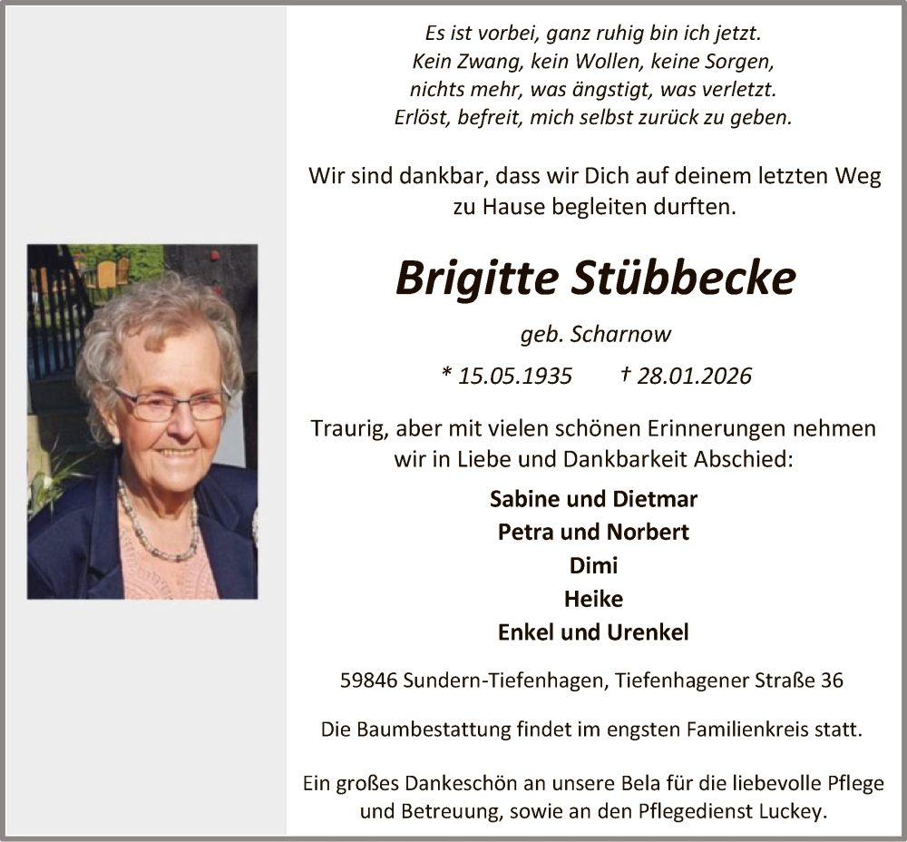  Traueranzeige für Brigitte Stübbecke vom 31.01.2026 aus HASK