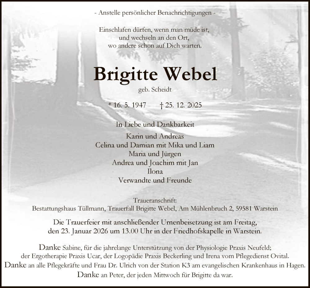 Traueranzeige für Brigitte Webel vom 10.01.2026 aus HASO