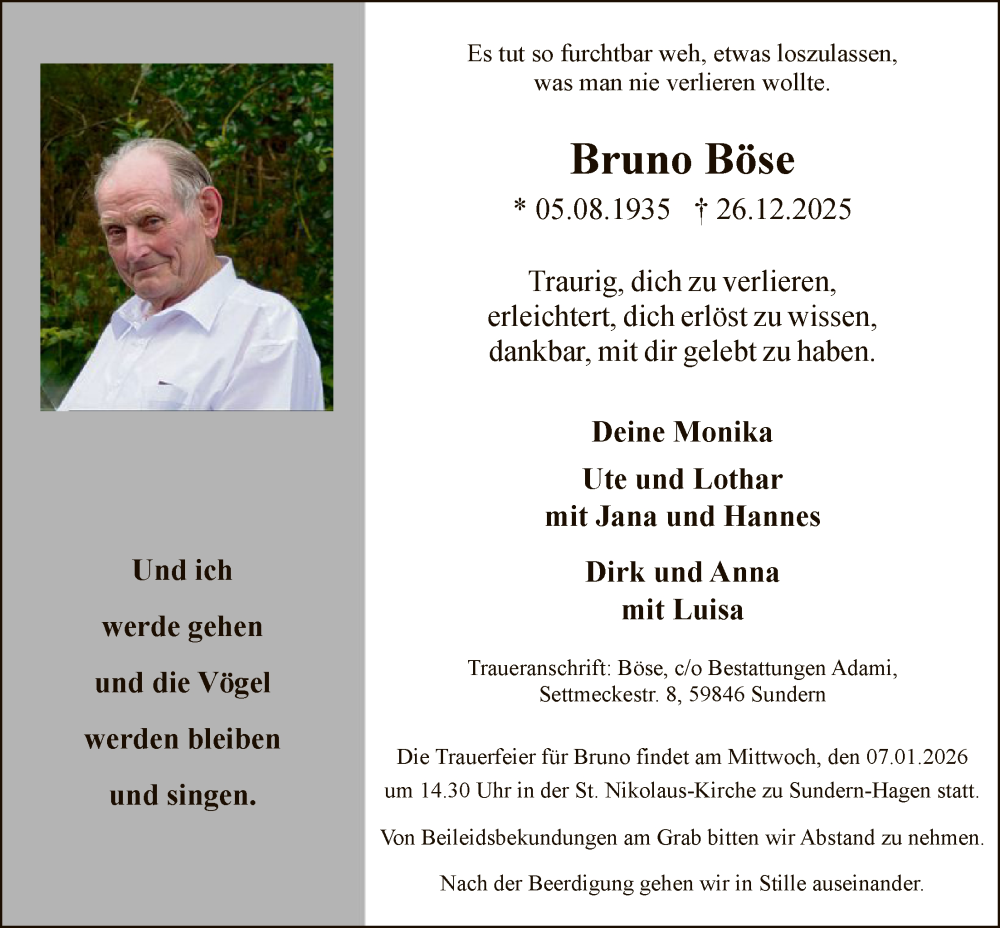 Traueranzeige für Bruno Böse vom 03.01.2026 aus HASK