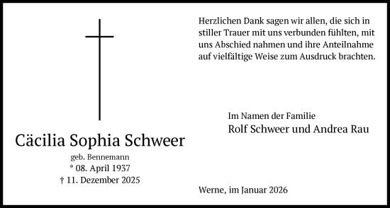 Traueranzeige von Cäcilia Sophia Schweer von HAWA