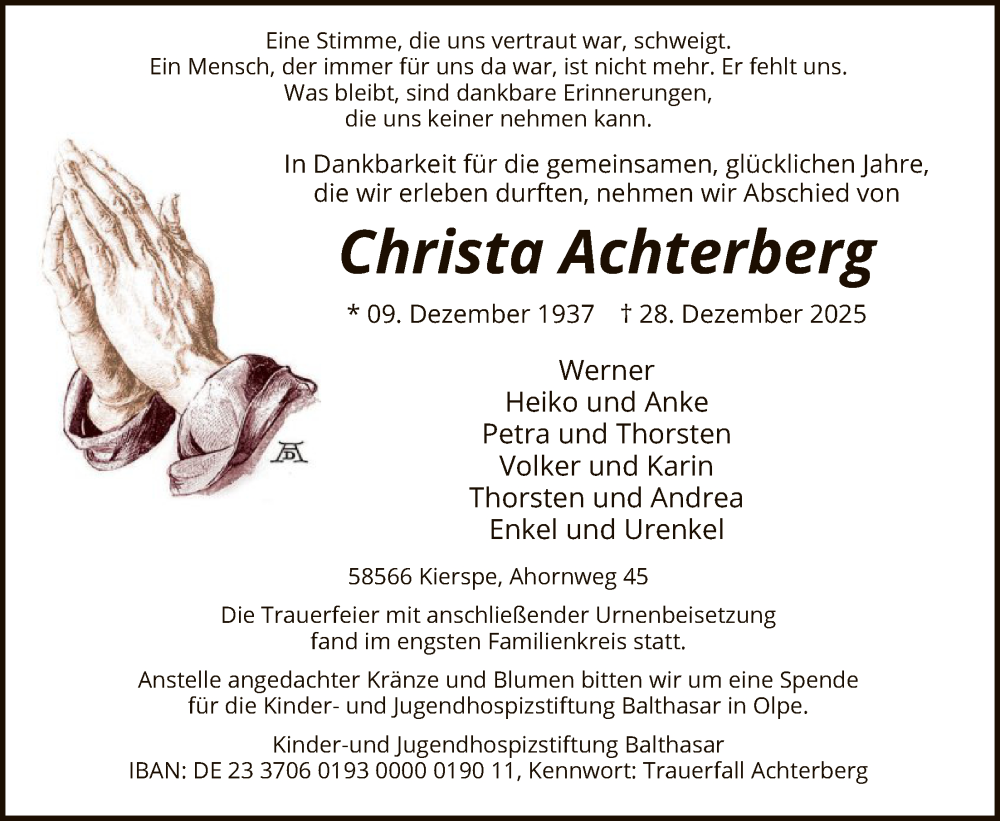 Traueranzeige für Christa Achterberg vom 10.01.2026 aus HALN