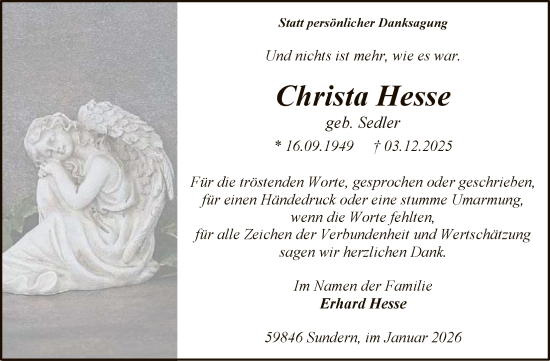 Traueranzeige von Christa Hesse von HASK