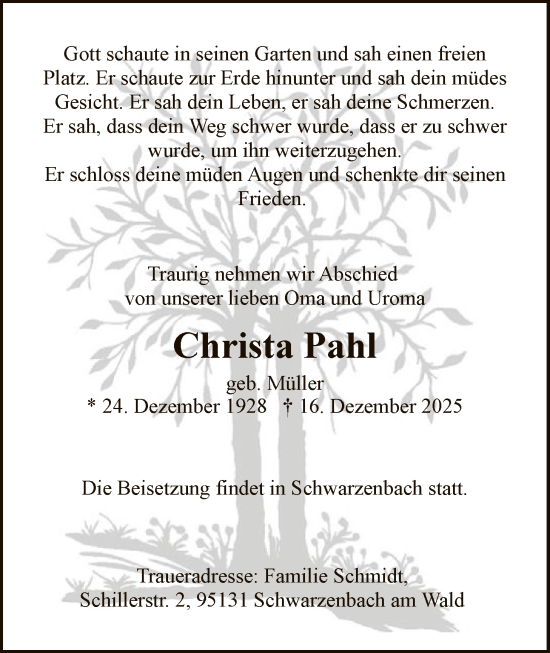 Traueranzeige von Christa Pahl von HASO