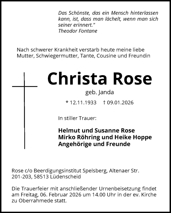 Traueranzeige von Christa Rose von HALN