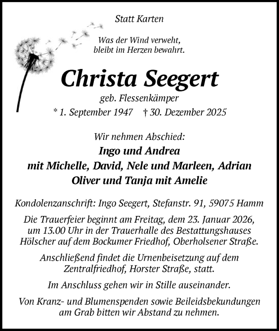 Traueranzeige von Christa Seegert von HAWA