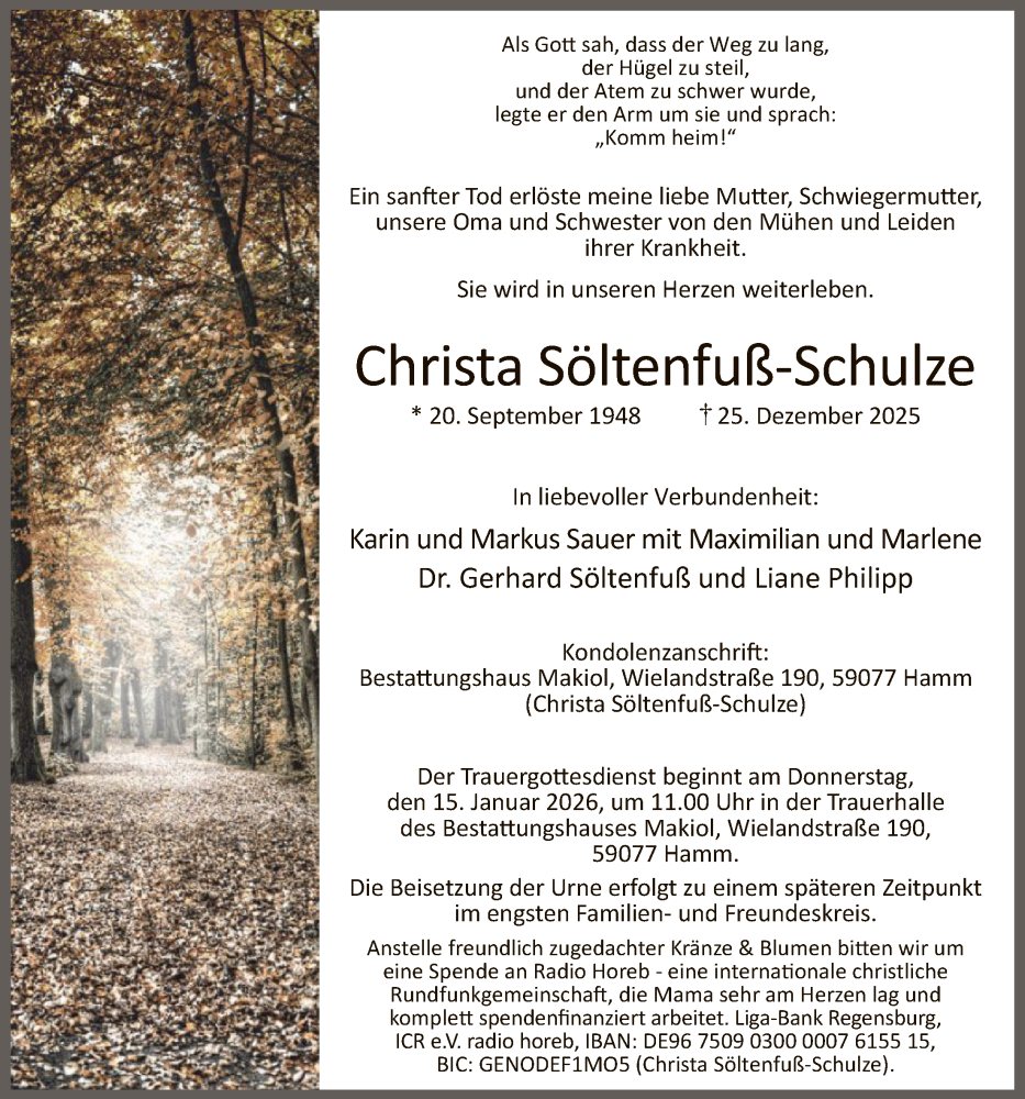  Traueranzeige für Christa Söltenfuß-Schulze vom 03.01.2026 aus HAWA