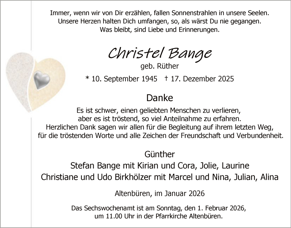 Traueranzeige für Christel Bange vom 24.01.2026 aus HASK