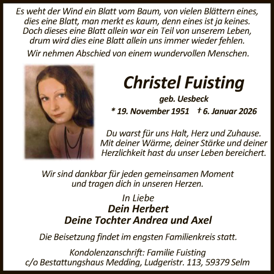 Traueranzeige von Christel Fuisting von HAWA