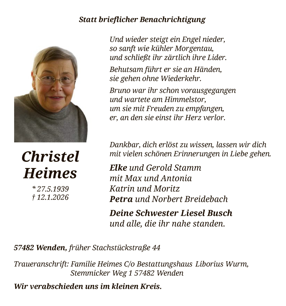  Traueranzeige für Christel Heimes vom 17.01.2026 aus HASK